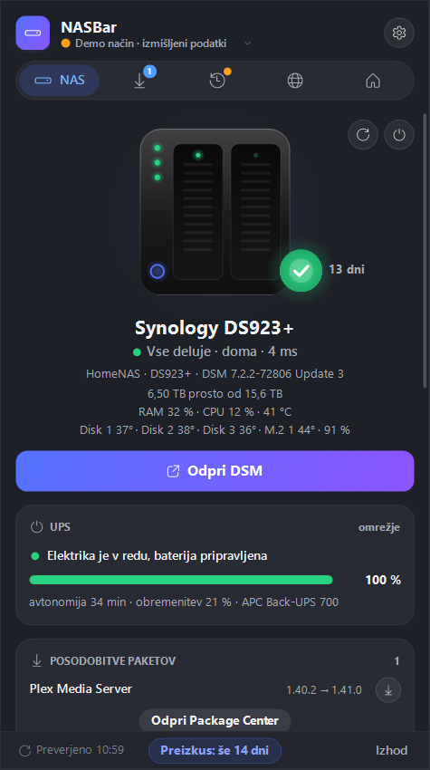 Okno NASBar nad opravilno vrstico prikazuje NAS z zdravimi diski